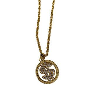 Gold Tone Mens Necklace With Dollar Coin Pendant‎ With Rope Chain Rhinestones